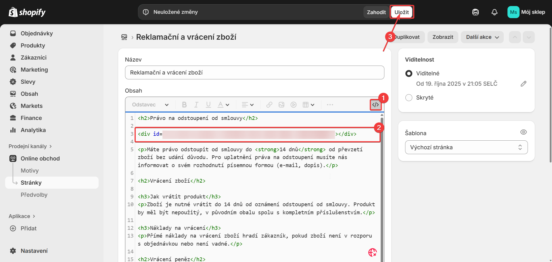 Shopify alternativní metoda - uložení